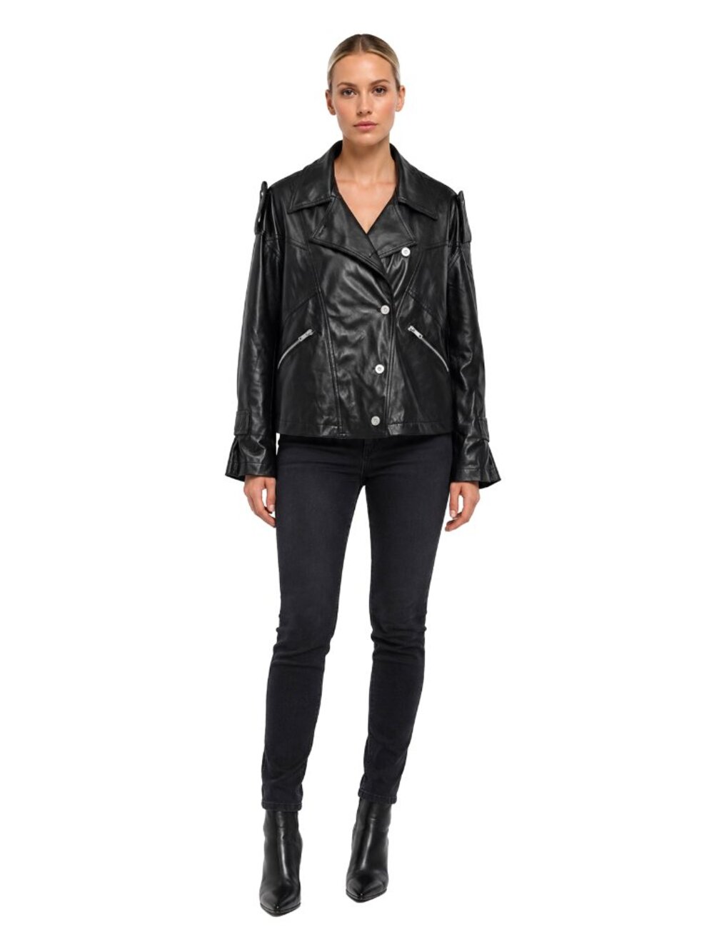 Miss Love Black Vegan Leather Moto Jacket Size S Oversize Relaxed Fit Zip Pocket